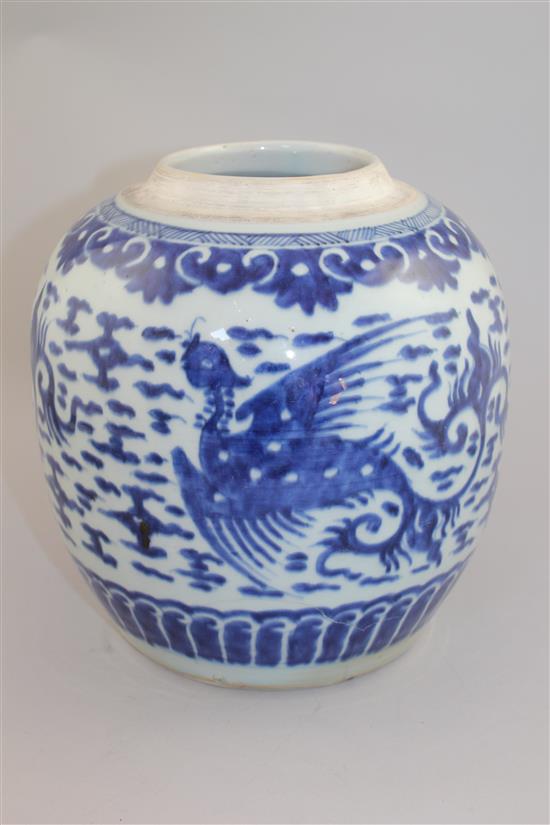 A Chinese blue and white jar, in Transitional style, 22cm, base cracked